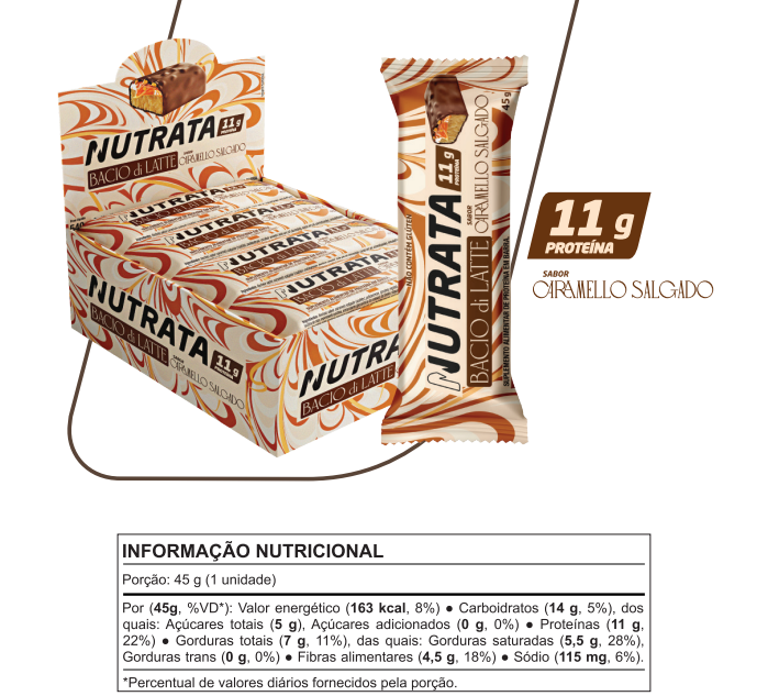 BARRA PROTEICA BACIO DI LATTE CARAMELO SALGADO CAIXA C/ 12UN 45G - NUTRATA - Imagem 3